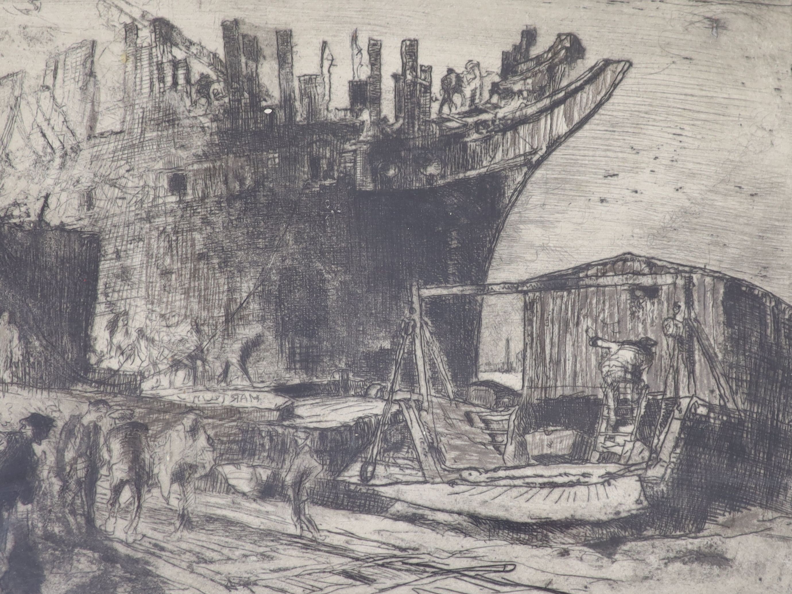 Frank Brangwyn (1867-1956), two etchings, Dockland scenes, one signed in pencil, 30 x 39cm and 30 x 30cm